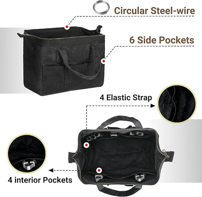 Tool Bag with Zipper, Heavy Duty 16oz Waxed Canvas Wide Mouth Tool Tote Bag, 13-inch Muti-Purpose Storage Tool Pouch with Side Pockets