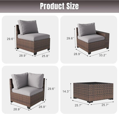 Aoxun 6 Pieces Patio Furniture Set Wicker Rattan Outdoor Sectional Conversation Set with Coffee Table and 4” Thickened Cushions, Gray (Waterproof Cover Included)