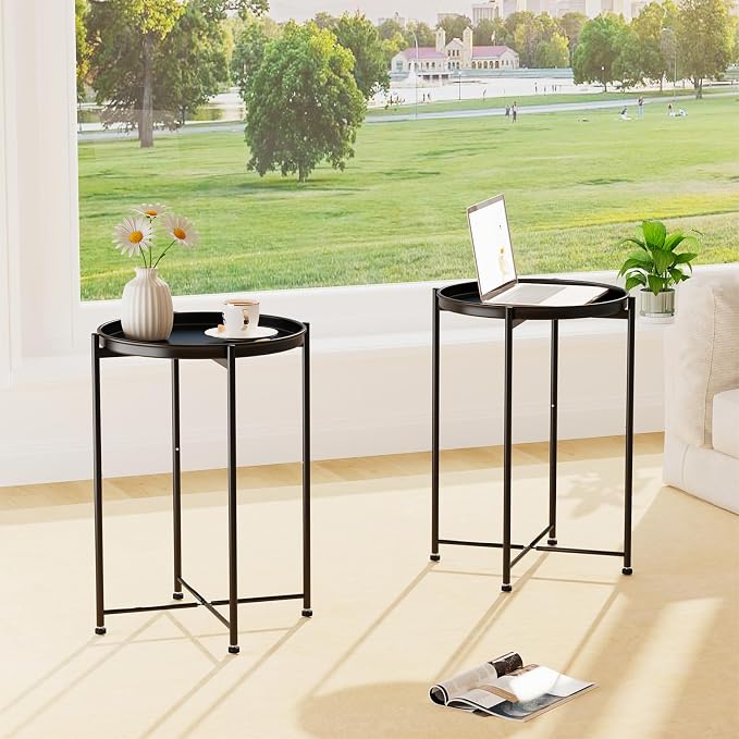 Garden 4 you Small Side Table, Mini Round End Table, Tray Table with Metal Frame, Modern Nightstand for Living Room, Bedroom, Patio, Small Space, Black