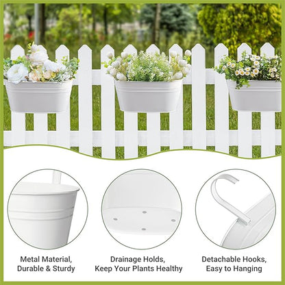 Dahey 3 Pcs 10.5 Inch Metal Iron Hanging Flower Pots for Railing Fence Hanging Bucket Pots Countryside Style Window Flower Plant Holder with Detachable Hooks Home Decor,White