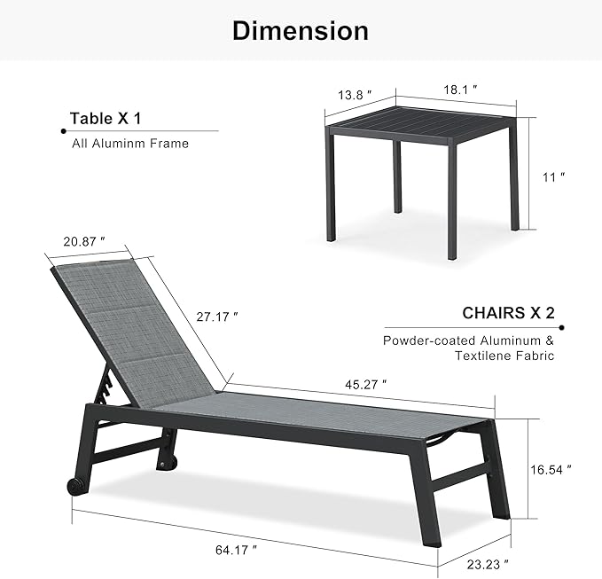 PURPLE LEAF Outdoor Chaise Lounge Set of 2 Aluminum Patio Lounge Chair with Wheels and Side Table Pool Chaise Lounge Chair for Outdoor Backyard Poolside Mixed Grey (2 Lounges Chairs W/Table)
