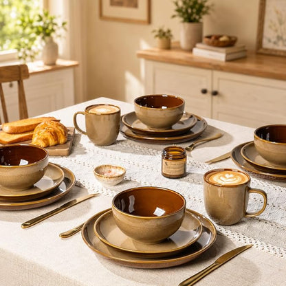 LERATIO Ceramic Dinnerware Sets for 4, 12 Pieces Ceramic Plates and Bowls Sets, Scratch Resistant Dish Set, Oven, Microwave & Dishwasher Safe- Chestnut