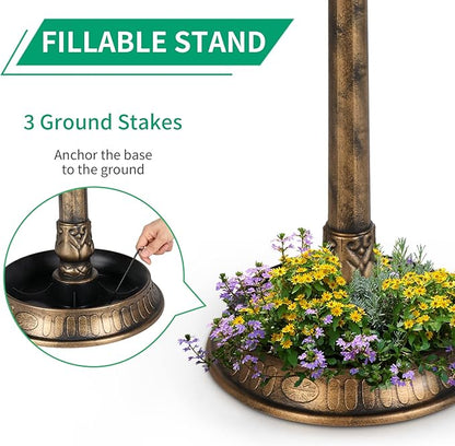 Outvita Outdoor Bird Bath, Garden Bird Baths Decorations with Solar-Powered Lamp and Resin Pedestal Flower Planter Base Bird Feeder for Yard Patio