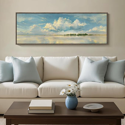 Framed Blue Landscape Canvas Wall Art, Sky Cloud Artwork for Walls, Horizontal Nature Scenery Painting Prints for Living Room, Bedroom, Home Office Wall Decor 16x48 Inch