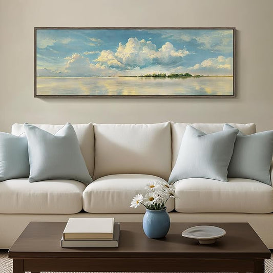 Framed Blue Landscape Canvas Wall Art, Sky Cloud Artwork for Walls, Horizontal Nature Scenery Painting Prints for Living Room, Bedroom, Home Office Wall Decor 16x48 Inch