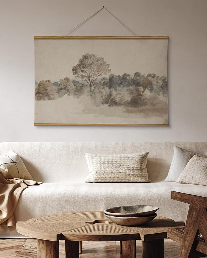 VIYYIEA Extra Large Size Canvas Wall Art, 36x54 Vintage Scroll Hanging Landscape Print, Rustic Watercolor Countryside Scene Wall Décor for Living Room, Bedroom, or Farmhouse