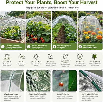 Garden Netting Kit for Raised Beds,10x33ft Ultra Fine Insect Netting Garden Bed Covers & 6 Sets of 8ft Fiberglass Garden Hoops (8 Sets Garden Hoops with Green10x33ft Garden Netting)