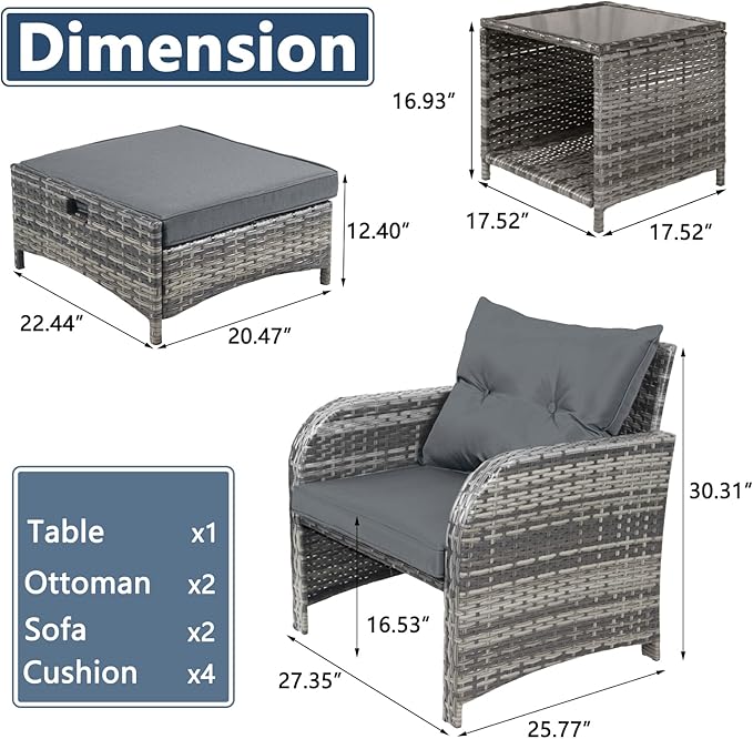 5 Pieces Wicker Outdoor Patio Chairs Set with Ottoman, Patio Furniture Set with Foot Rest Underneath, PE Rattan Garden Arm Chairs with Hidden Ottoman for Poolside Garden Balcony, Grey