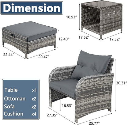 5 Pieces Wicker Outdoor Patio Chairs Set with Ottoman, Patio Furniture Set with Foot Rest Underneath, PE Rattan Garden Arm Chairs with Hidden Ottoman for Poolside Garden Balcony, Grey