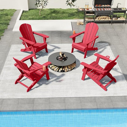 Folding Adirondack Chair with Cup Holders Set of 2, HDPE Plastic Outdoor Chairs, Weather Resistant, Real Wood Look for Patio, Deck, Fire Pit, Backyard, Red