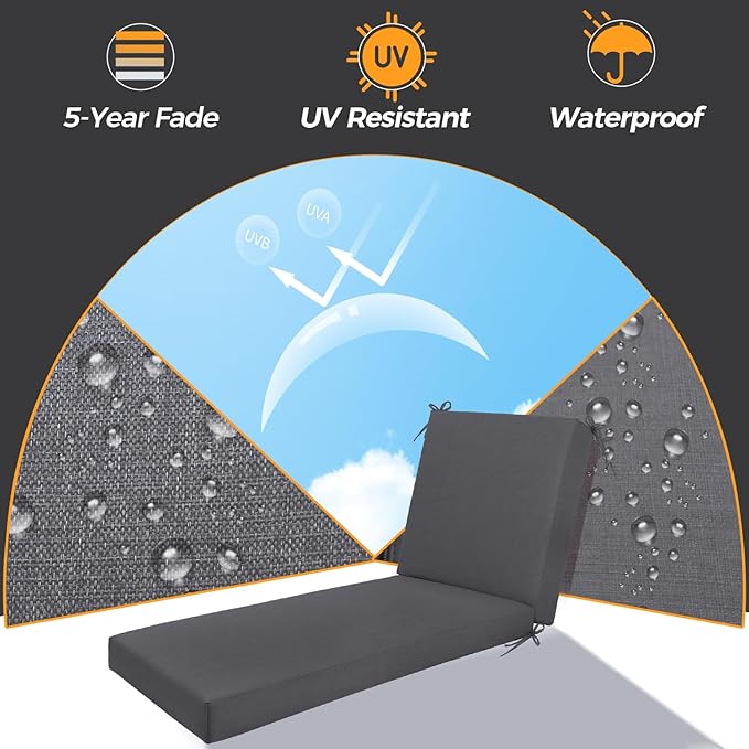Outdoor Chaise Lounge Cushion - Waterproof & Fade Resistant Patio Lounger Cushions with Removable Cover for Pool, Deck, Lawn .70 x 22 x 4 Inch (Dark Gray)