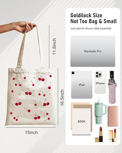 Canvas Tote Bag with Aesthetic Prints, Cute Tote Bag for Women Girls with Wide Strap, Gifts for Cat Book Lovers