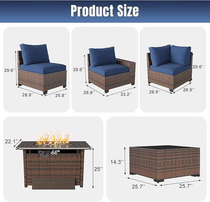 Aoxun 7 Pieces Patio Furniture Set with 44” Fire Pit Table Wicker Rattan Outdoor Sectional Conversation Set with Coffee Table and 4” Thickened Cushions, Blue(Waterproof Cover Included)