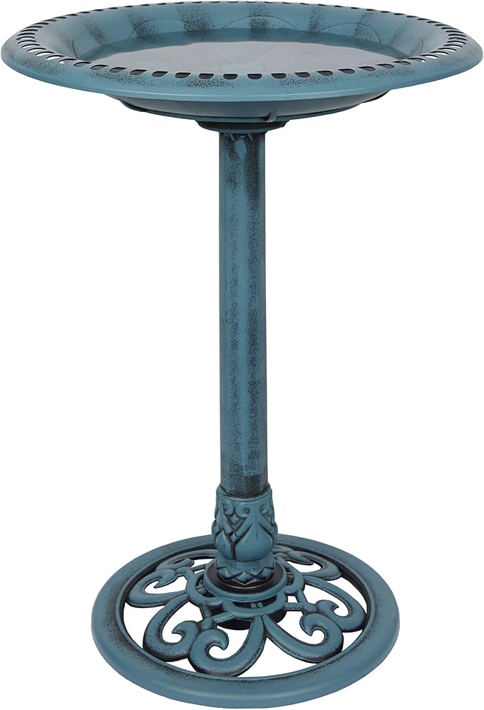 Alpine Corporation TEC116BL Pedestal Birdbath with Scrollwork Base and Ground Stakes, Décor for Lawn & Garden, 28" H, Blue