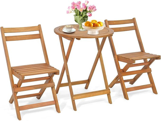 HAPPYGRILL Folding Patio Bistro Set Wood Chair Table Set with Slatted Acacia Wood Seat & Tabletop, Cozy High Back Chairs with Table, Outdoor Dining Set for Backyard, Poolside