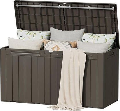 Flamaker Resin Deck Box 100 Gallon Large Lockable Outdoor Storage Box Waterproof Deck Chest for Patio Cushions, Garden Tools, Accessories (Deep Brown)