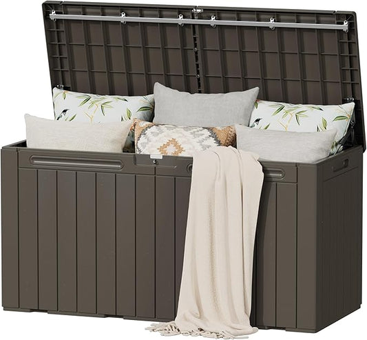 Flamaker Resin Deck Box 100 Gallon Large Lockable Outdoor Storage Box Waterproof Deck Chest for Patio Cushions, Garden Tools, Accessories (Deep Brown)