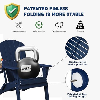 Plawdlik Folding Adirondack Chair, SGS Tested, Wooden Textured with Cup Holder, Heavy All-Weather HDPE Comfortable Set Poolside Backyard Lawn Navy Blue Set 4