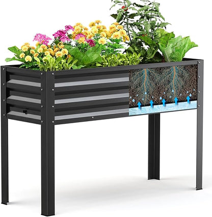 KING BIRD Raised Garden Bed with Legs & Water Storage Tank Galvanized Elevated Planter Box 48×17×31.5 in for Backyard, Patio, Balcony, 300lb Capacity, Dark Grey