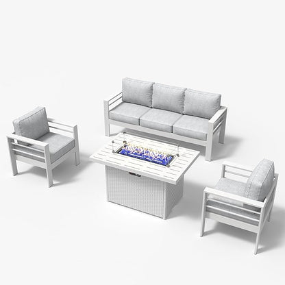 LayinSun Aluminum Furniture Set with Fire Pit Table, 4 Pieces Patio Sectional Conversation Chat Sofa Modern Seating Set
