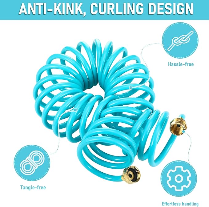 Pangda 25 Ft x 3/8'' Coil Garden Hose EVA Recoil Garden Self Coiling Expanding Water Hose with 6 Function Spray Nozzle Universal 3/4'' Brass Connector Fitting for Outdoor Yard(Blue)