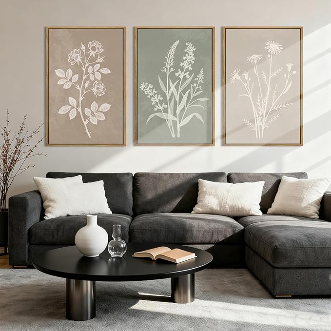 Anyzal Extra Large Boho Botanical Framed Wall Art 24x36 Inch Farmhouse Floral Canvas Wall Decor Neutral Minimalist Plant Painting for Living Room Bedroom Dining Room Set of 3