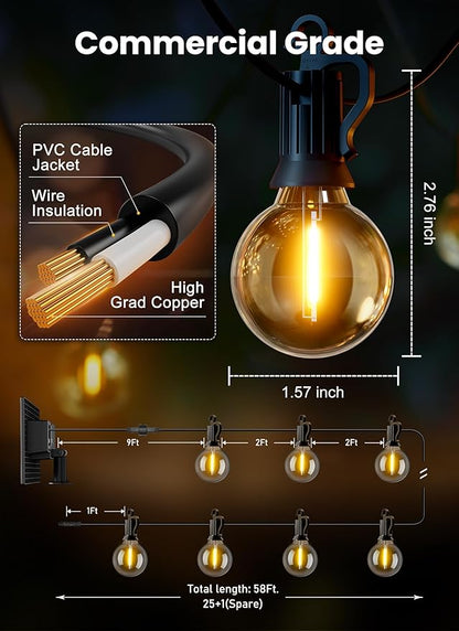 Brightown 58FT Solar String Lights Outdoor with Remote and 26 LED Shatterproof Bulbs, Dimmable & Timable, 3 Light Modes, Solar Patio String Lights Outdoor for Cafe, Garden, Deck, Outside Wedding