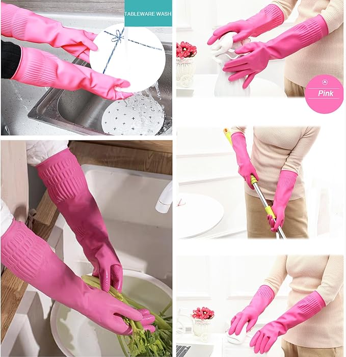 Bamllum 3 Pairs of Rubber Dishwashing Gloves for Kitchen and Household Cleaning – Long Cuff 15", Reusable, Flexible Long-lasting and Non-Slip (Red+Yellow+Green, Medium)