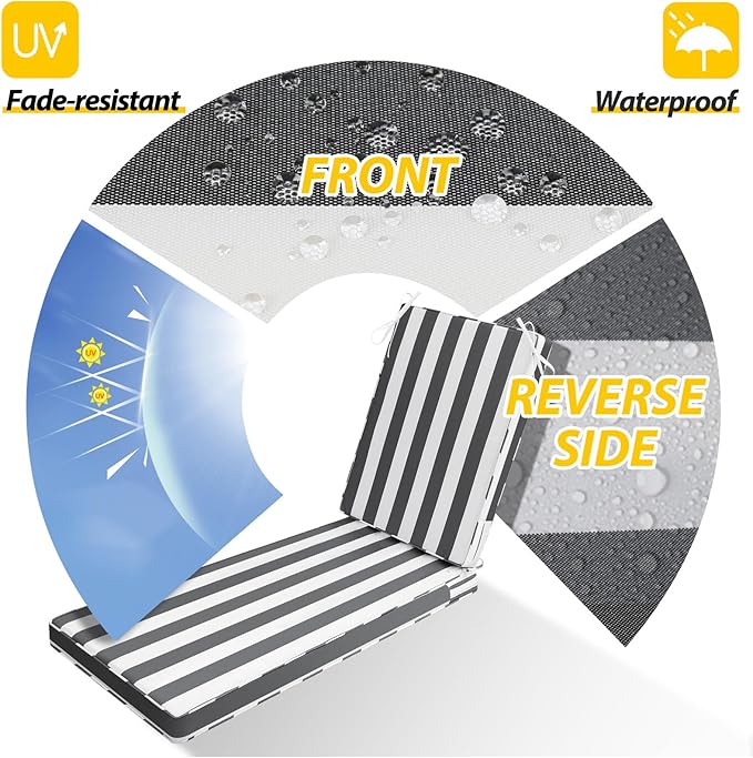 AAAAAcessories Outdoor Chaise Lounge Cushions, Waterproof, Fade-Resistant Patio Furniture Replacement Cushions, 74" x 23" x 3", Gray Cabana Stripe
