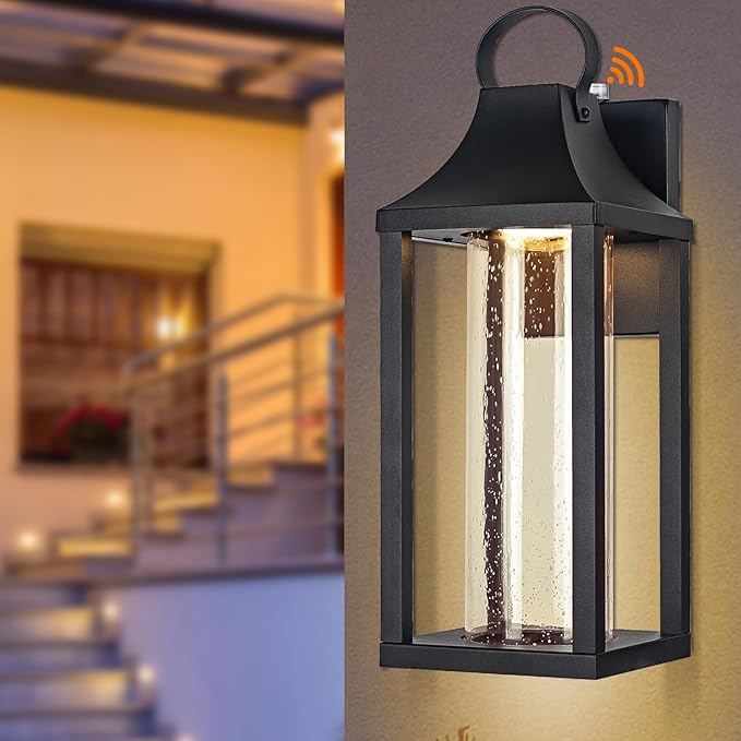 Dusk to Dawn Outdoor Led Wall Light Fixture, 15" Large Exterior Wall Lantern with Clear Seed Glass, Modern Wall Mounted Sconce Waterproof, Outside Porch Lamp for House Patio Garage 13W 3000K