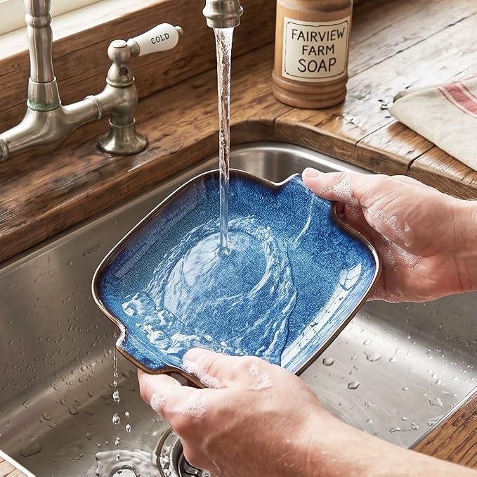 Ceramics Au Gratin baking Dishes Set of 4, Baking Tray Bake ware, 10.2 oz Ramekins, for Pie Pan, Appetizer, Tart, Dessert, Quiche, Oven Small dish, individual dishes, Square 7.8 Inch