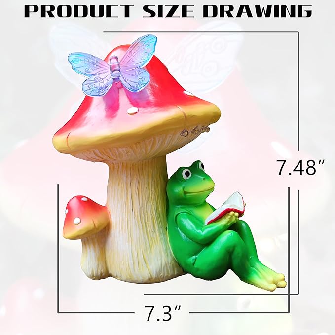Solar Frog Mushroom Garden Statues,Statuettes of Resin Frog Mushroom Reading a Book Figurine with LED Solar Lights, Lawn Decor Outdoor Statue for Patio,Balcony,Yard,Lawn Ornament