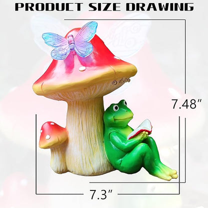 Solar Frog Mushroom Garden Statues,Statuettes of Resin Frog Mushroom Reading a Book Figurine with LED Solar Lights, Lawn Decor Outdoor Statue for Patio,Balcony,Yard,Lawn Ornament