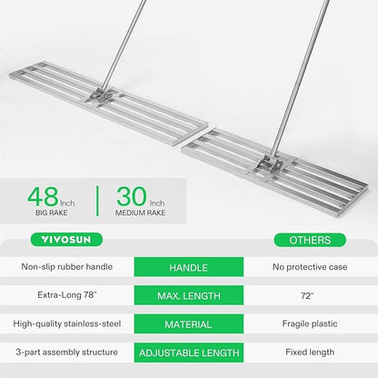VIVOSUN 48" Lawn Leveling Rake, 48" x 10" x 78" Heavy-Duty Stainless Steel Lawn Leveler with 7FT Adjuatble Long Handle for High Effect, Metal Levelawn for Smooth Soil, Rustproof Rakes for Garden Yard