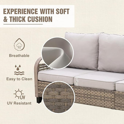Modern Wicker Patio Furniture Set, Rattan Outdoor Conversation Set with Comfortable Cushions, 2 Swivel Rocking Chairs, 3 Seat Couch, 2 Ottomans and Coffee Table, 6 Pieces, Brown/Gray