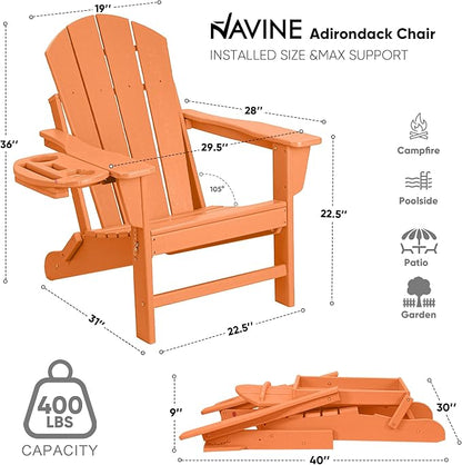 Adirondack Chair Set of 2, HDPE Folding Adirondack Chair with Multifunctional Cup Holder, Weather Resistant Fire Pit Chair for porches, patios, patios, poolsides, Decks.