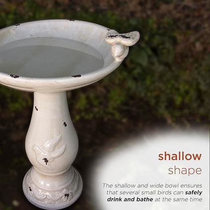 Alpine Corporation 25" Tall Outdoor Antique Ceramic Birdbath with 2 Bird Figurines - Vintage Style Garden Bird Bath Bowl for Patio, Yard, Lawn Decor, Light Brown