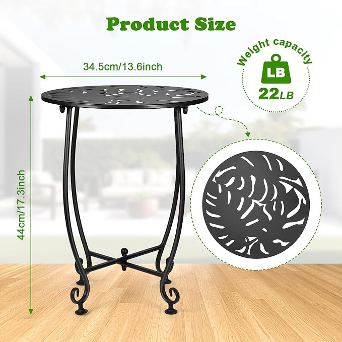 14 Inch Outdoor Metal Side Table, Weather Resistant Small Round End Table for Patio, Yard, Balcony, Garden - Plant Stand Outside (Color1-Turtle Leaf, Black)