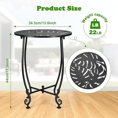 14 Inch Outdoor Metal Side Table, Weather Resistant Small Round End Table for Patio, Yard, Balcony, Garden - Plant Stand Outside (Color1-Turtle Leaf, Black)