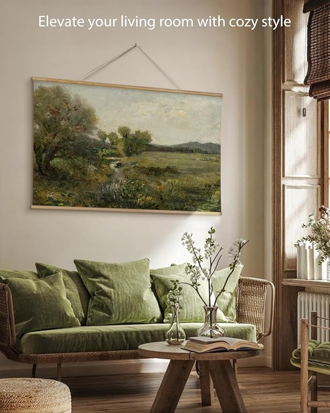 ARPEOTCY Extra Large Vintage Framed Wall Art, 36x54 Inch Creek Forest Landscape Hanging Framed Canvas Prints Scroll Wall Art Decor for Living Room Bedroom, Retro Scenery Pictures Above of Bed