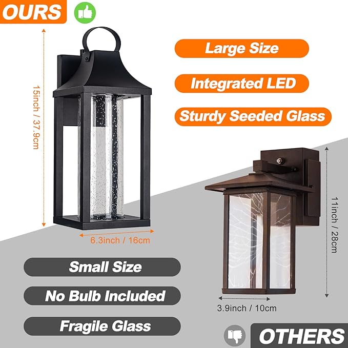 Dusk to Dawn Outdoor Led Wall Light Fixture, 15" Large Exterior Wall Lantern with Clear Seed Glass, Modern Wall Mounted Sconce Waterproof, Outside Porch Lamp for House Patio Garage 13W 3000K