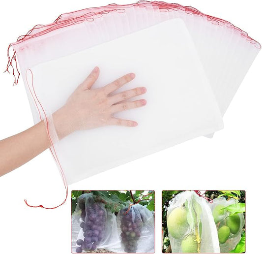Kikhope 50 Pcs Fruit Protection Bags, 14"x10" Fruit Netting Bags, Garden Netting Bags with Drawstring, Fruit Tree Bags, Netting Barrier Bags for Protecting Fruits and Vegetables