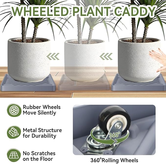 2 Pack-Square Plant Caddy with Hidden Wheels 10 Inch Heavy Duty Rolling Plant Stands Indoor Outdoor Plant Saucer Tray Dolly with $9.9 Garden Tools (Gray)