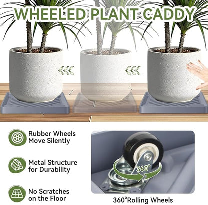 2 Pack-Square Plant Caddy with Hidden Wheels 10 Inch Heavy Duty Rolling Plant Stands Indoor Outdoor Plant Saucer Tray Dolly with $9.9 Garden Tools (Gray)