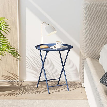 Garden 4 you Folding TV Tray Table, Metal Round Side Table, Blue Dinner Table with Metal Frame, Modern Outdoor Tray Table for Living Room, Bedroom, Patio & Small Spaces, 1 Pack