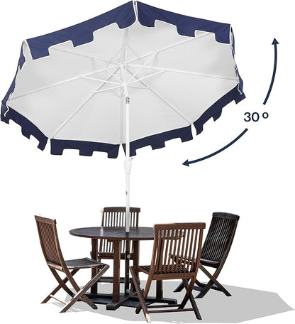 JONATHAN Y UMB1000A Baiona 9 ft. Classic MidCentury Market Patio Umbrella with UV Protection, Auto-Tilt, Crank and Wind Vent in White/Navy