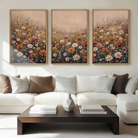 IARTTOP Extra Large Wildflower Framed Wall Art 24x36 Inch Set of 3 Vintage Botanical Art Prints Calming Nature Floral Landscape Wall Decor for Living Room Dining room Bedroom