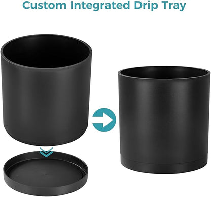 FaithLand 14-Inch Large Modern Cylinder Planter, Thick-Walled Plastic Plant Pot with Drainage Holes and Detachable Saucer, Matte Black, Ideal for Indoor & Outdoor Plants Flowers
