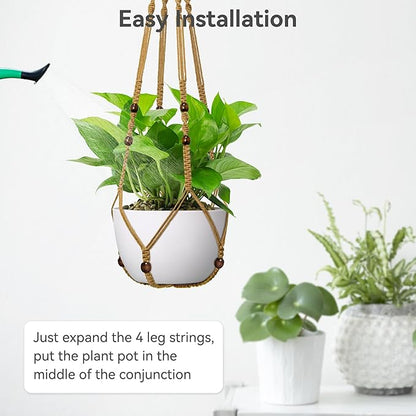 USLAI Macrame Plant Hanger Indoor Outdoor, Fits 4 to 15 Inch Pots, Strong Hanging Planter Holder, Boho Home Decor, 35 Inch, Brown, Set of 3 (POTS NOT Included)