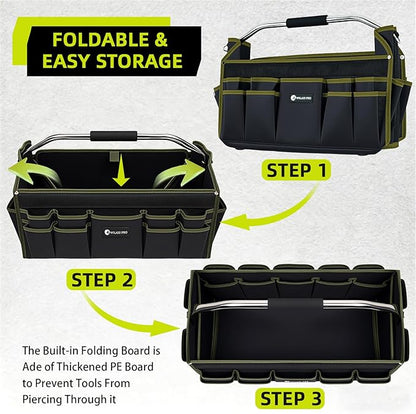 16in Foldable Open Top Tool Tote, Tool Bags For Men Heavy Duty, Tool Carrier tool bag hard With Handle, Wide Mouth Electrician Tool Tote, Many Pockets Can Hold Many